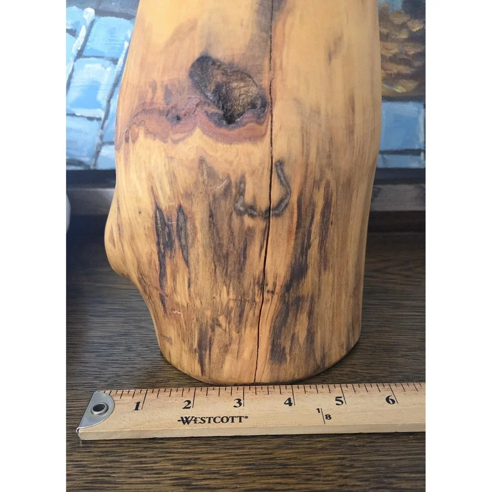 Turned Wooden Vase Rustic Knotty Asymmetrical Flared Rim Solid Piece of Wood 15